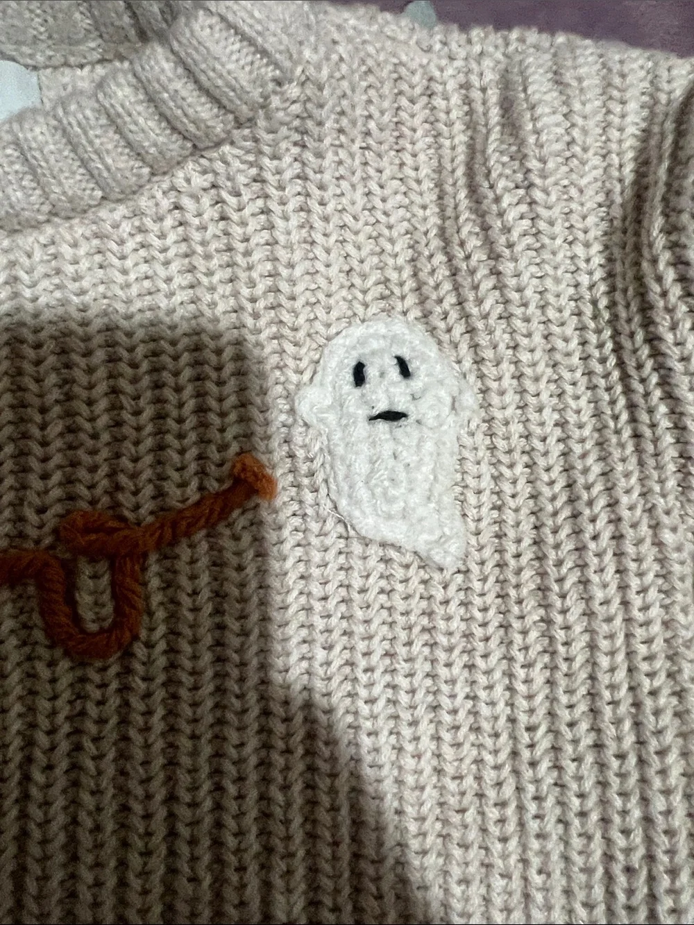 Kids Cream Knit Sweater with Embroidered 'Boo' Detail